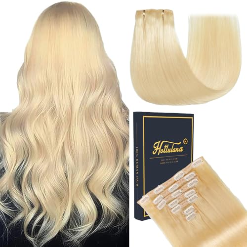 HotLulana Clip in Extensions Echthaar 7pcs 55cm 120g Blond Invisible Remy Natürliche Skin Weft Echthaar Extensions(22Zoll,613#)