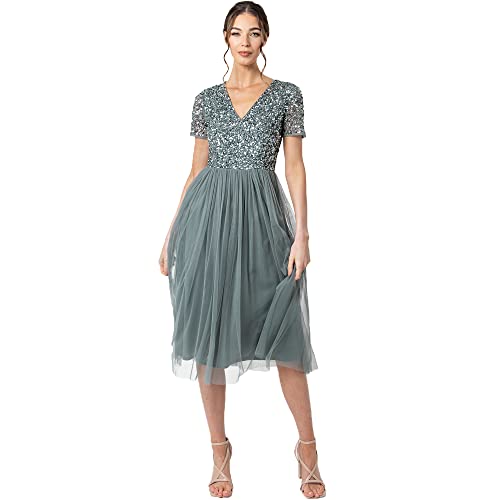 Maya Deluxe Damen Midi-Kleid mit V-Ausschnitt, Verziert Brautjungfernkleid, Grün (Misty Green), 34