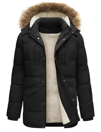 TOMEEK Herren Winterjacke Wasserabweisend Lange Mantel Herren Winterparka Windabweisend Outdoor Jacken puffer Sherpa Jacke Wintermantel Abnehmbare Kapuze(Schwarz,M)