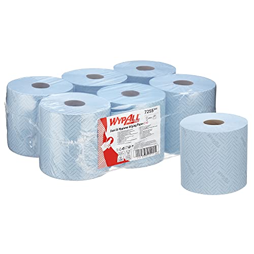 WypAll L10 Paper Cleaning Wipes for Food and Hygiene 7255-1-Ply Blue Centrefeed Roll - 6 Centrefeed Rolls x 800 Paper Cleaning Wipes (4,800 Total)