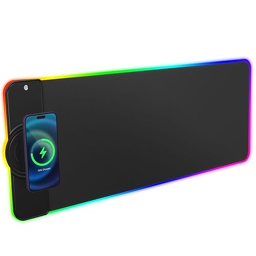 Hcman RGB-Gaming-Mauspad zum Aufladen, kabellos, 15 W, LED, extra großes Mauspad, 80 x 30 cm, 10 Lichtmodi, Gaming-Zimmer-Zubehör, Computer-Tastaturmatte, Schnellladung, Schreibtischunterlage für