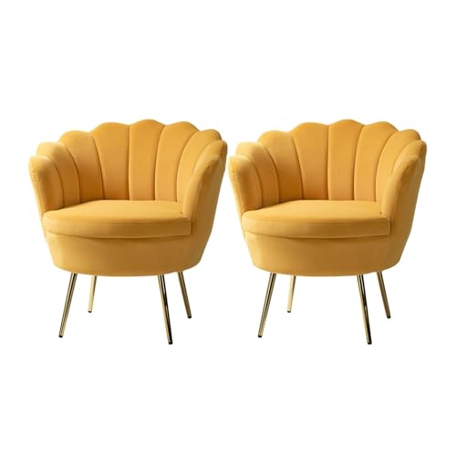 HULALA HOME Sessel aus Samt mit Dicker Rückenlehne moderner gemütlicher Loungesessel mit goldenen Beinen Lesesessel bequem für Wohnzimmer Schlafzimmer 2er Set, Gelb