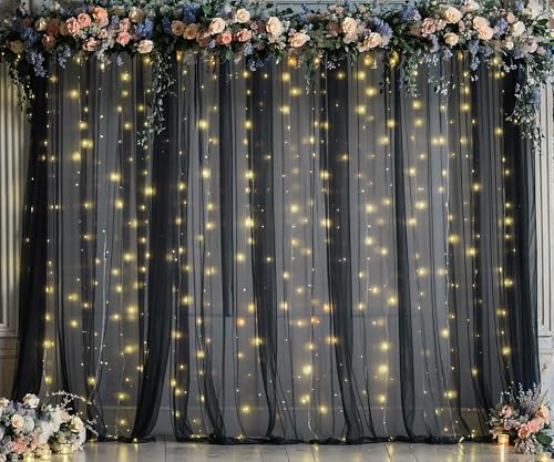 Fotohintergrund aus Tüll, 6 x 3 m, schwarzer Hintergrund mit Lichterkette, für Partys, durchscheinender schwarzer Vorhanghintergrund für Geburtstagsparty, Babyparty, Hochzeit, Fotokabine, Fotografie