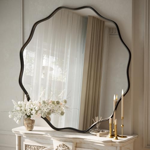 Koonmi runder Wandspiegel mit gewelltem Rand 105 cm, Schwarz