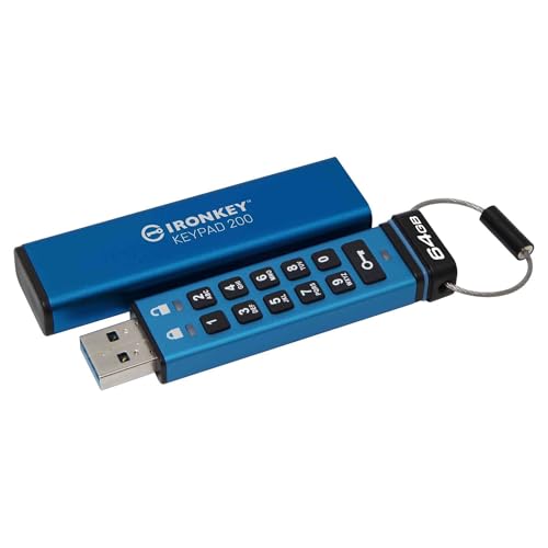 Kingston IronKey Keypad 200 64GB Verschlüsselter USB | Alphanumerische Tastatur | Multi-Pin-Zugang | XTS-AES 256-bit | FIPS 140-3 Level 3 Zertifiziert (Ausstehend) | IKKP200/64GB, Blau