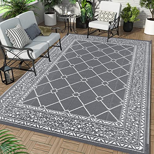 Enyhom Groß Outdoor Teppich 270 x 360 cm, Wendbarer RV Camping Außenteppich, Strapazierfähiger Kunststoff Flachgewebe Picknickdecke, Recycelter Wasserdicht Tragbar Balkonteppich für Terrassen Eingang