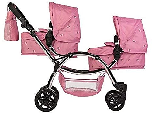 Roma Darcie Zwillingspuppenwagen in Rosa, Geeignet von 3 bis 16 Jahren, Verstellbare Griffhöhe, 16 Kombinationen, Doppel-Puppenwagen