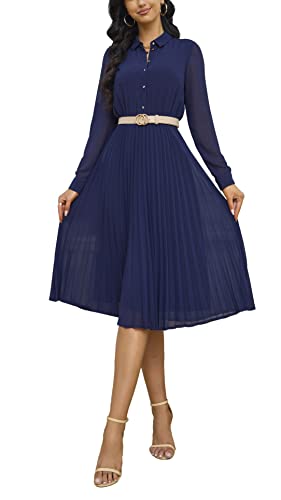 AbleTree Business-Casual-Hemdkleid für Damen, Lange Ärmel, plissiert, Midi-Kleider mit Gürtel, Marineblau, X-Groß