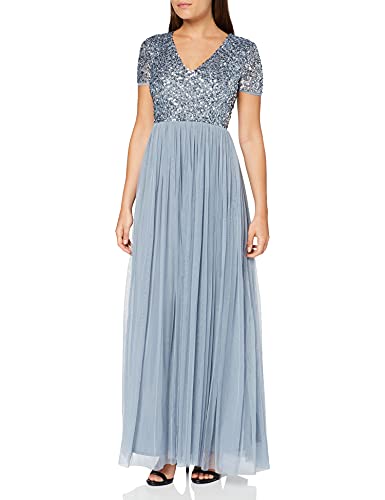 Maya Deluxe Abendkleid mit Pailletten Cocktailkleid Damen mit V-Ausschnitt Tüllkleid Blau Größe 48