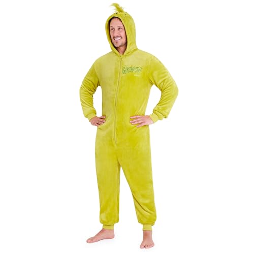 The Grinch Herren Jumpsuit S-XXL, Weicher Fleece Overall mit Kapuze, Gemütliche Geschenke für Männer & Teenager (Grün, S)