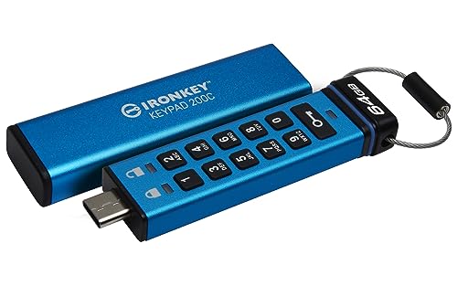 Kingston IronKey Keypad 200C 64GB Verschlüsselter USB | Alphanumerische Tastatur | Multi-Pin-Zugang | XTS-AES 256-bit | FIPS 140-3 Level 3 Zertifiziert (Ausstehend) | IKKP200C/64GB, Blau