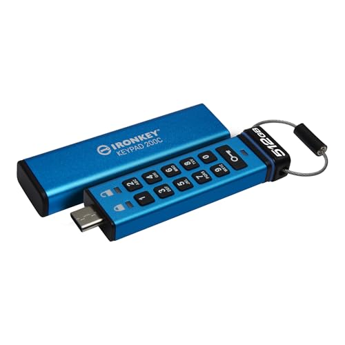 Kingston IronKey Keypad 200C 512GB Verschlüsselter USB | Alphanumerische Tastatur | Multi-Pin-Zugang | XTS-AES 256-bit | FIPS 140-3 Level 3 Zertifiziert (Ausstehend) | IKKP200C/512GB, Blau