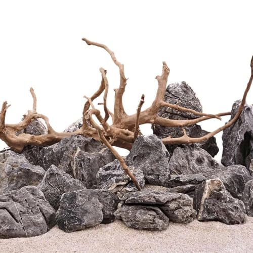 AquaOne Aquarium Steine Mini Landschaft Set mit Wurzel I Natursteine Seiryu 25kg Mix und Mookienwurzel XL I Aquascaping Gestein I Felsen Dekoration I Pagode Rückwand