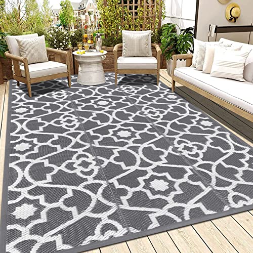 Enyhom Große Outdoor-Teppiche für den Garten, wasserdicht, 270 x 360 cm, wendbare Outdoor-Matten, Kunststoff-Strohteppich, tragbar, faltbar, Picknick, gewebter Teppich für Wohnmobil, Terrasse, Grau