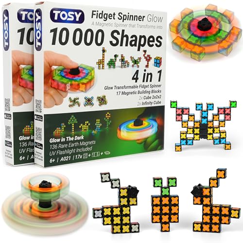 TOSY Magnet Fidget Spinner Glow – 16 Bausteine, 3-in-1: verwandelbarer Fidget-Spinner, Infinity-Würfel, 2x2 Puzzlewürfel, Leuchtend, STEM/STEAM-Magnetspielzeug, 2er-Pack
