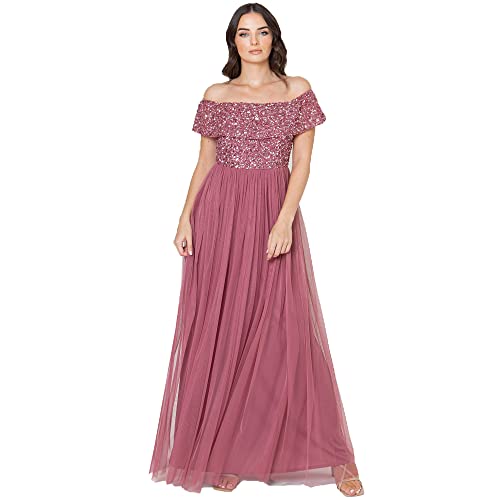 Maya Deluxe Damen Women's Bardot Dress for Women Maxi Embellished High Empire Waist Sleeveless Tulle Wedding Guest Brautjungfernkleid, Desert Rose, 42 EU (Herstellergröße: 14 UK)