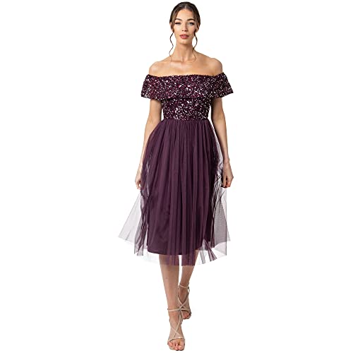 Maya Deluxe Damen Maya Deluxe Bardot Embellished Midi Bridesmaid Dress, Berry, Gr. 36 EU