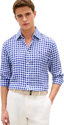 Tommy Hilfiger Herren Hemd Linen Essential Gingham Regular Fit, Mehrfarbig (Wedge Blue/Check), S